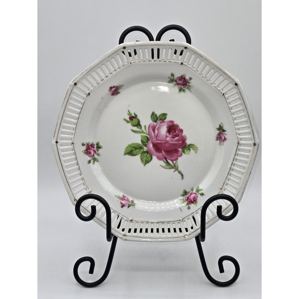 Schumann Bavaria Reticulated Salad Plate Pink Rose Floral Gold Trim Porcelain 8"